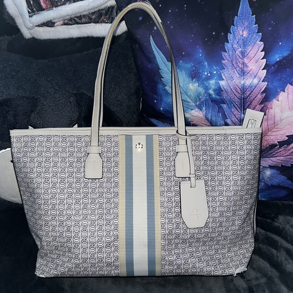 Tory Burch Gray white blue tan Patterned Tote Bag